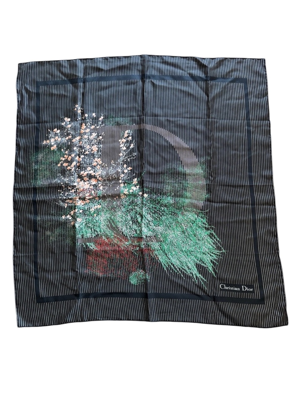 Christian Dior 100% Silk Black Tan Pinstriped Floral Square Scarf Made In France